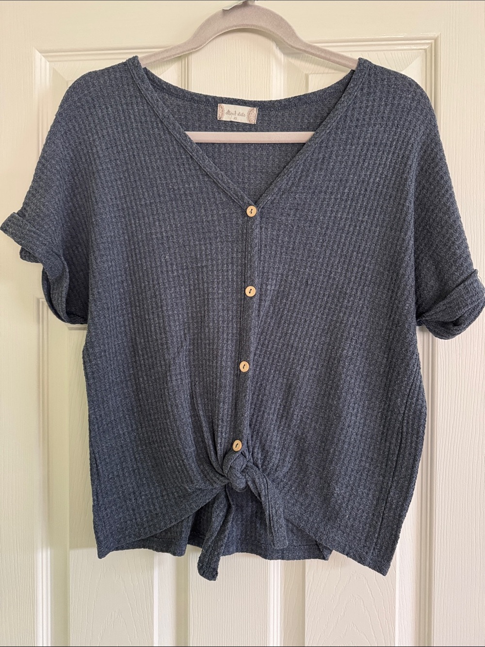Altar’d State waffle knit button front tie hem short sleeve top blue XS